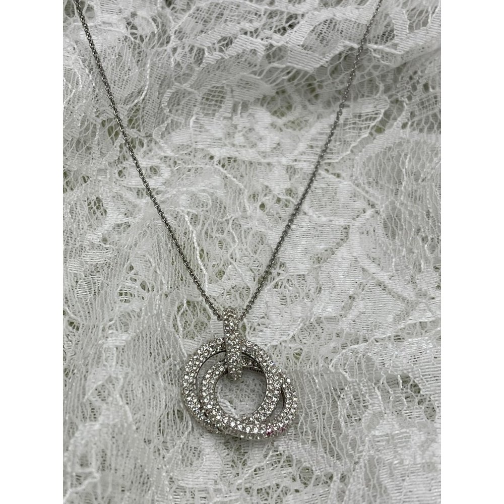 Double Loop Rhinestone Silver Tone Necklace - Picture 2 of 8